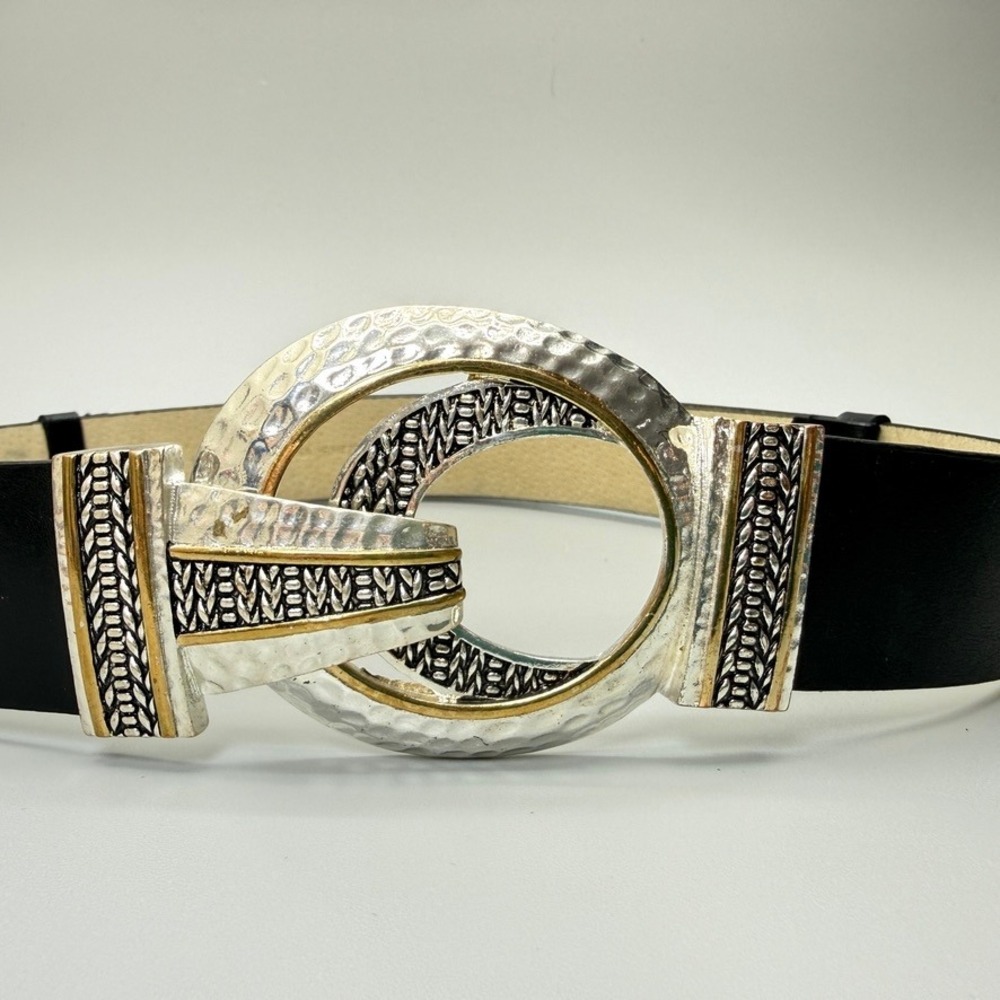 Chico's Black Leather Ornate Mixed Metal Buckle Belt Size M/L Adjustable Size